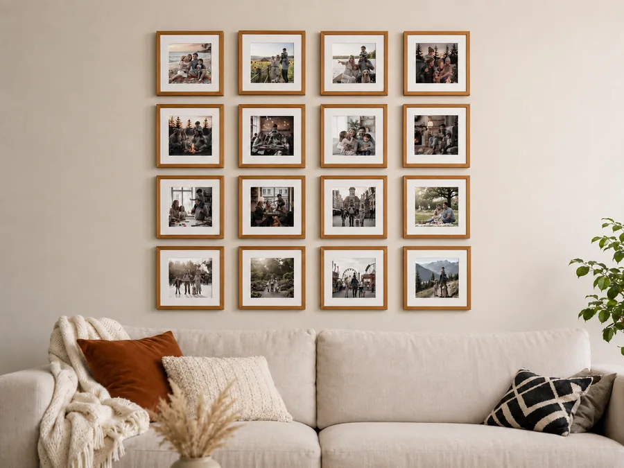 A living room wall styled with a Framedupp template layout